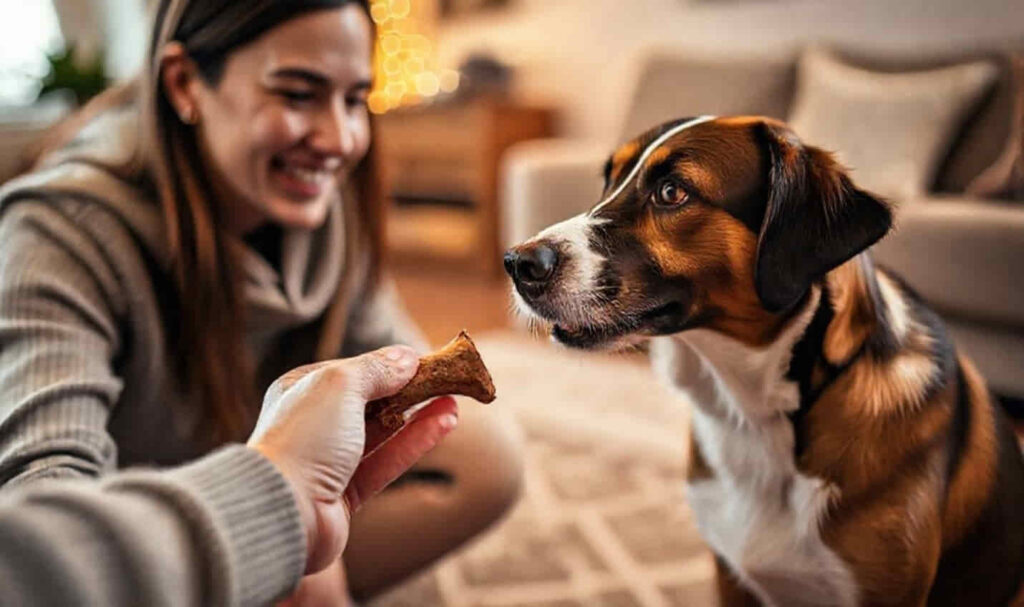 Person giving a bully stick to a happy dog in a cozy home setting.