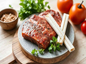 A raw diet setup featuring fresh meat, vegetables, and a collagen stick on a wooden board.