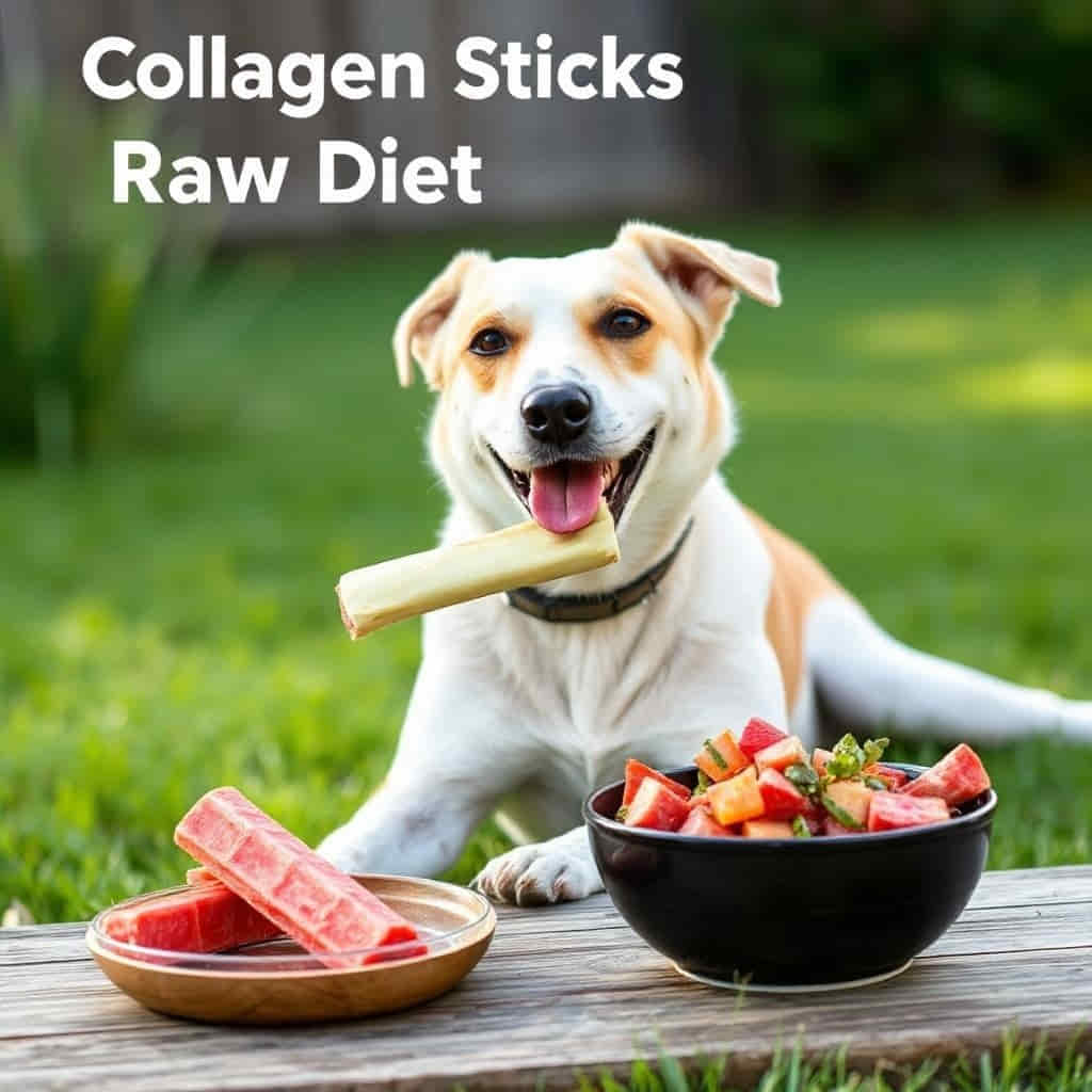 A healthy dog eating a collagen stick outdoors next to a bowl of raw food.